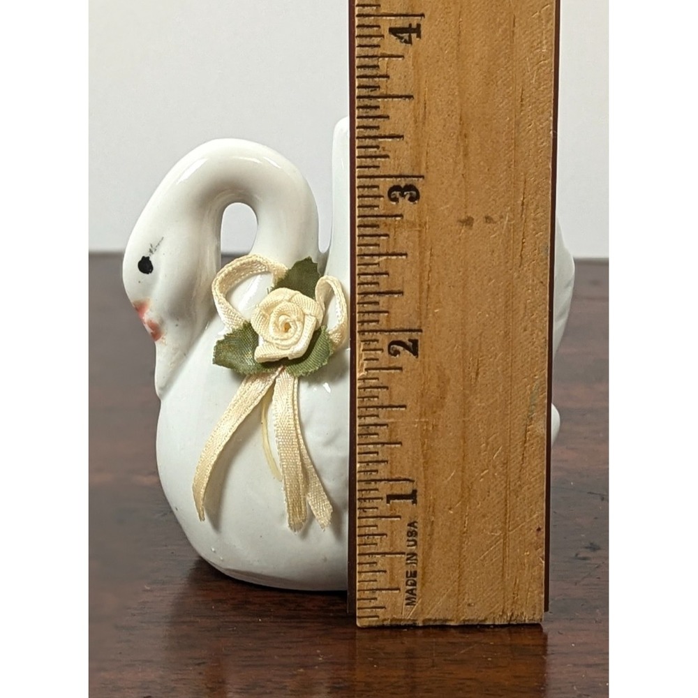 Vintage White Ceramic Swan Figurine Ribbon Rose Accent Glossy Bird 90s Decor - Picture 6 of 8
